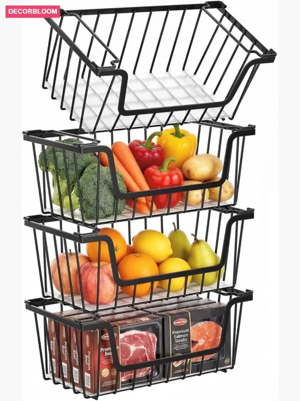 4 Stackable Wire Storage Baskets for Pantry & Kitchen Organization